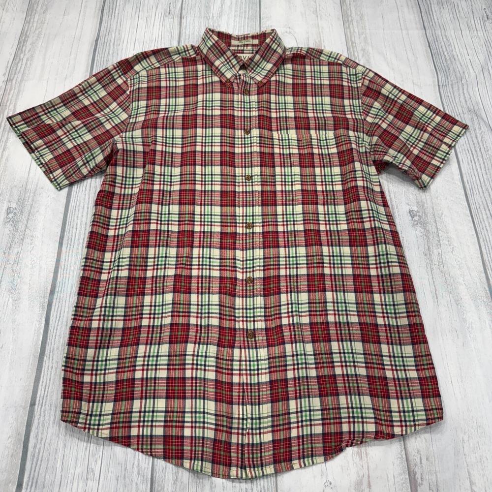 Orvis Short Sleeve Button Shirt L Plaid‎ Red Green Fishing Mens
